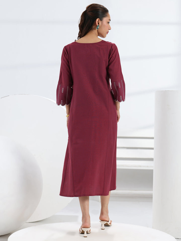 Maroon Solid Cotton Blend A-Line One Piece Dress
