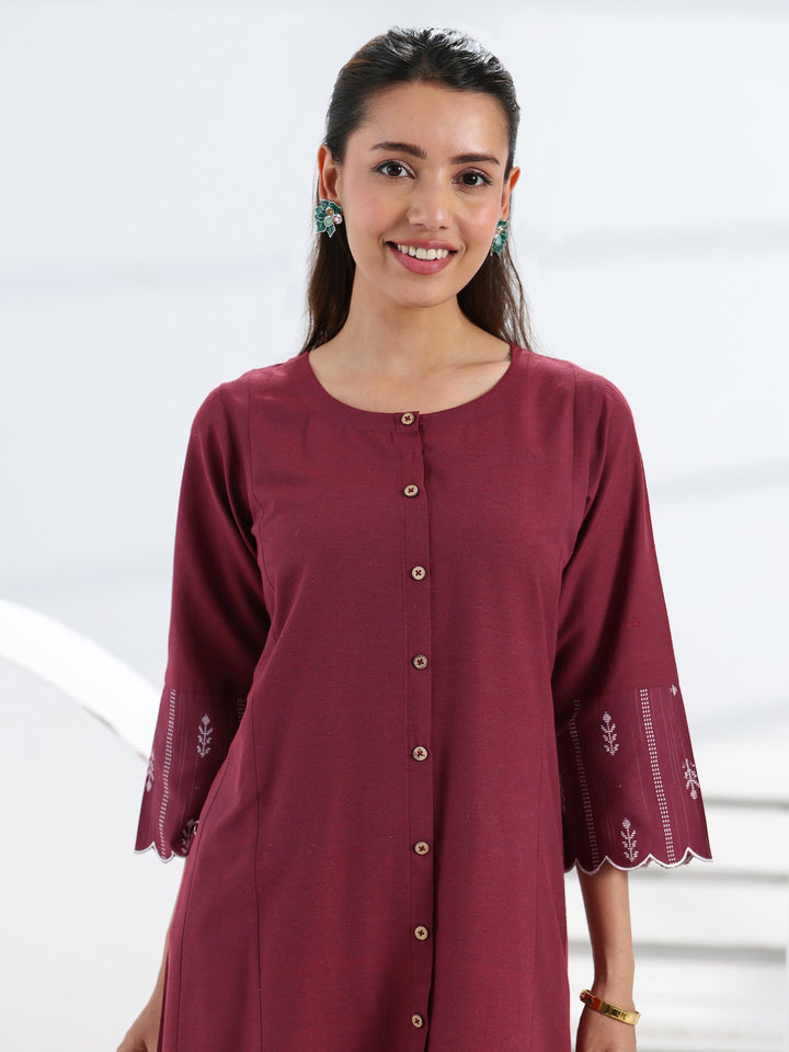 Maroon Solid Cotton Blend A-Line One Piece Dress