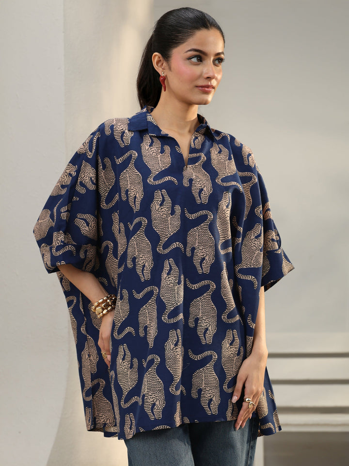 Power Move Blue Quirky Printed Cotton Blend Shirt