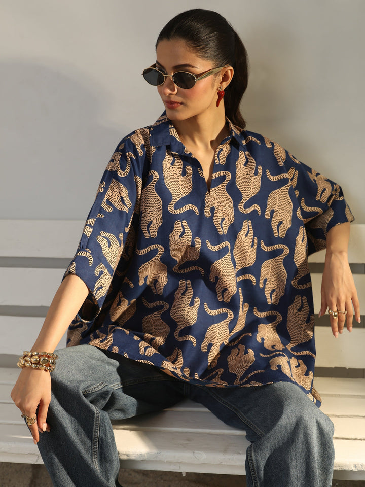 Power Move Blue Quirky Printed Cotton Blend Shirt