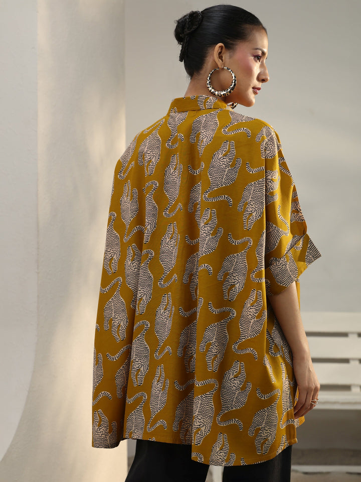 Power Move Mustard Quirky Printed Cotton Blend Shirt