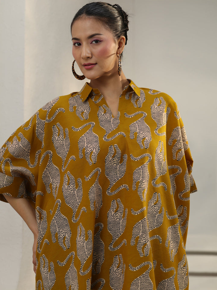 Power Move Mustard Quirky Printed Cotton Blend Shirt