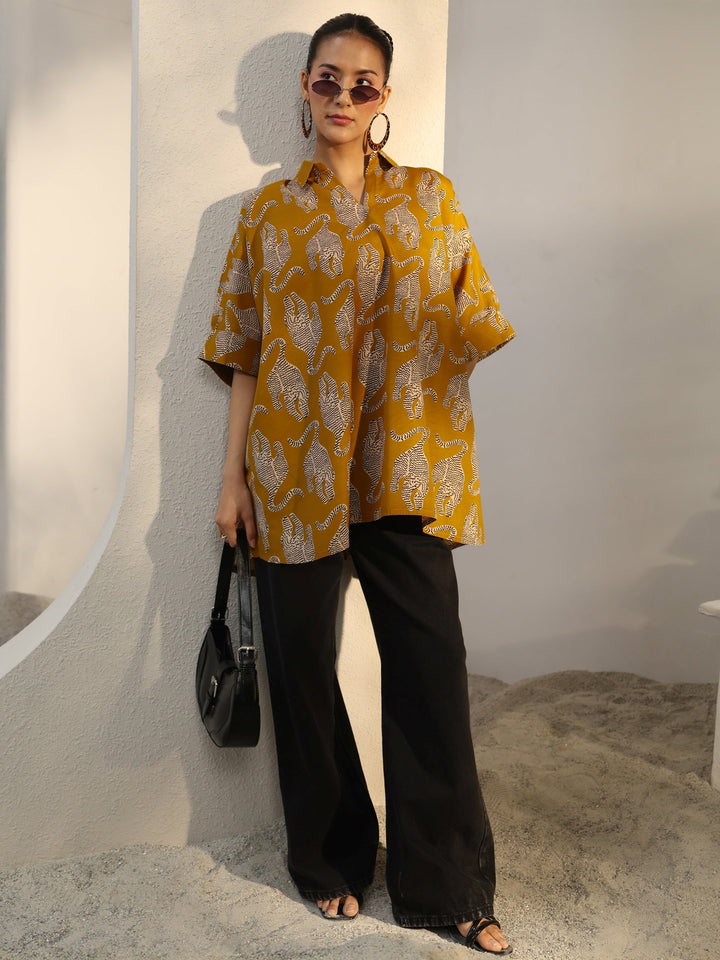 Power Move Mustard Quirky Printed Cotton Blend Shirt