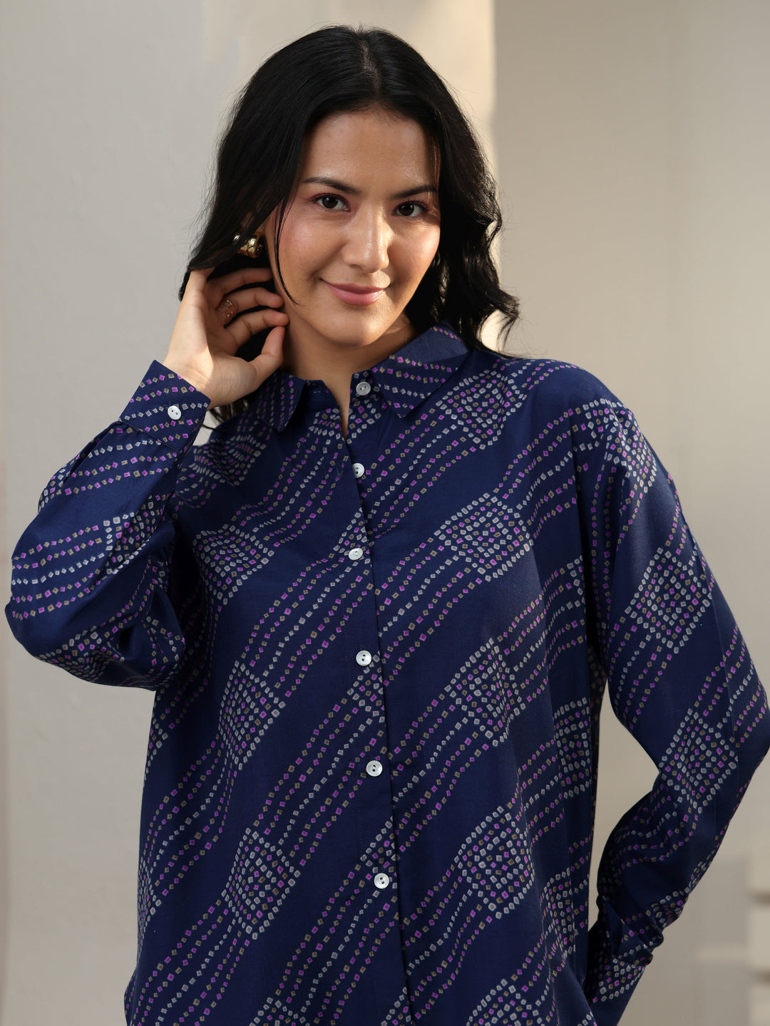 Blue Bandhani Printed Cotton Blend Shirt