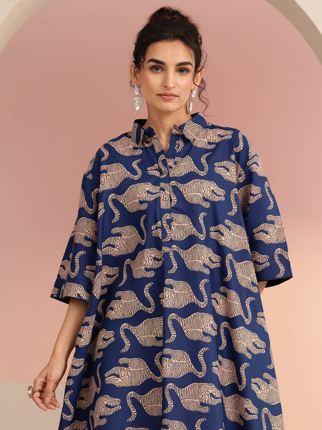 Gerua Mustard Animal Printed Cotton Blend Oversized Dress