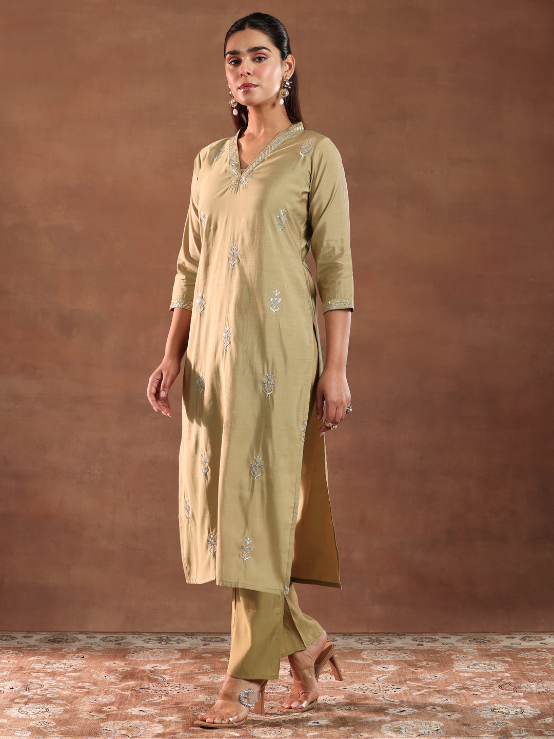 Golden Embroidered Silk Blend Straight Suit With Dupatta