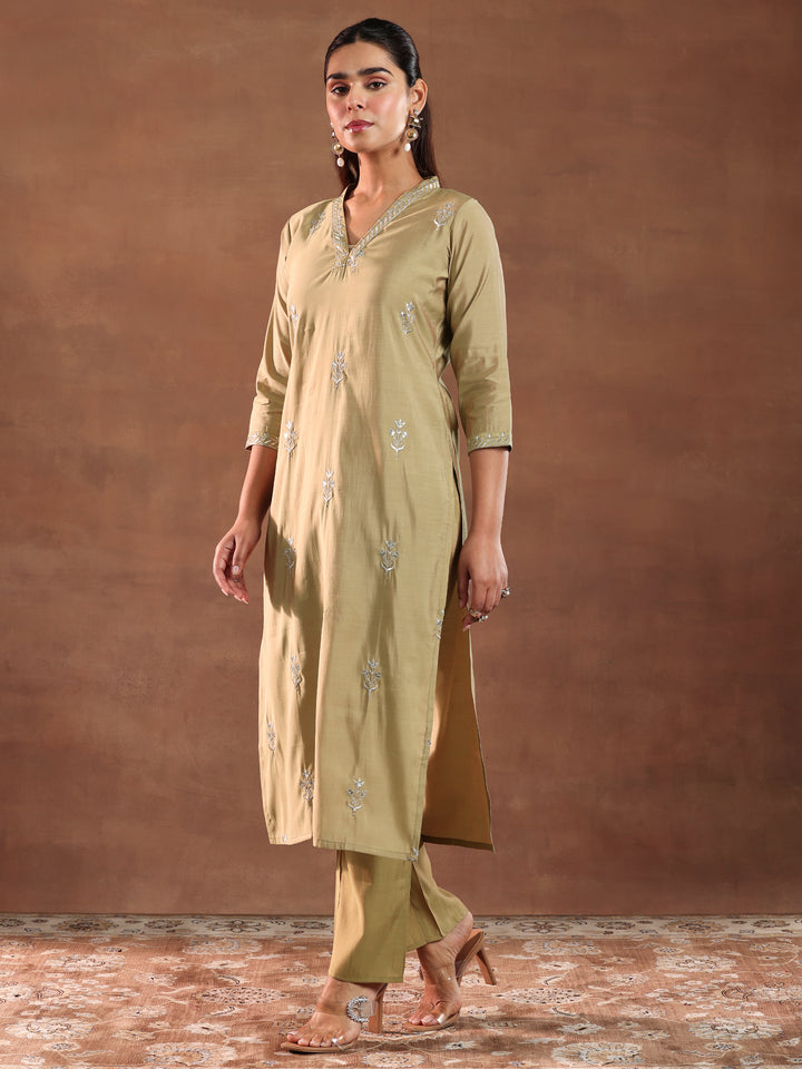 Golden Embroidered Silk Blend Straight Suit With Dupatta