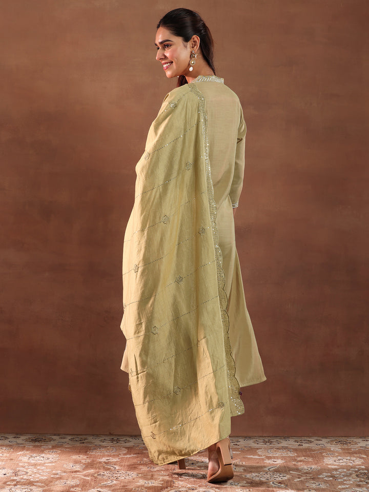Golden Embroidered Silk Blend Straight Suit With Dupatta
