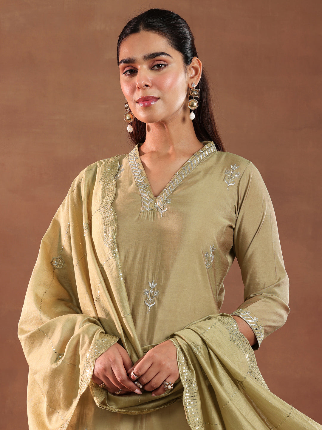 Golden Embroidered Silk Blend Straight Suit With Dupatta