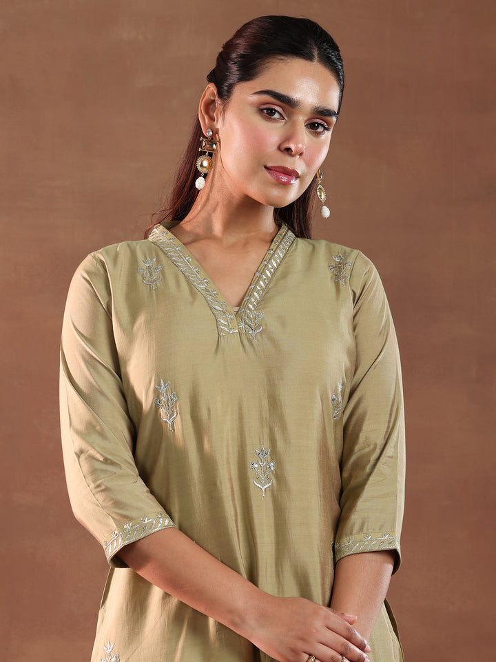 Golden Embroidered Silk Blend Straight Suit With Dupatta