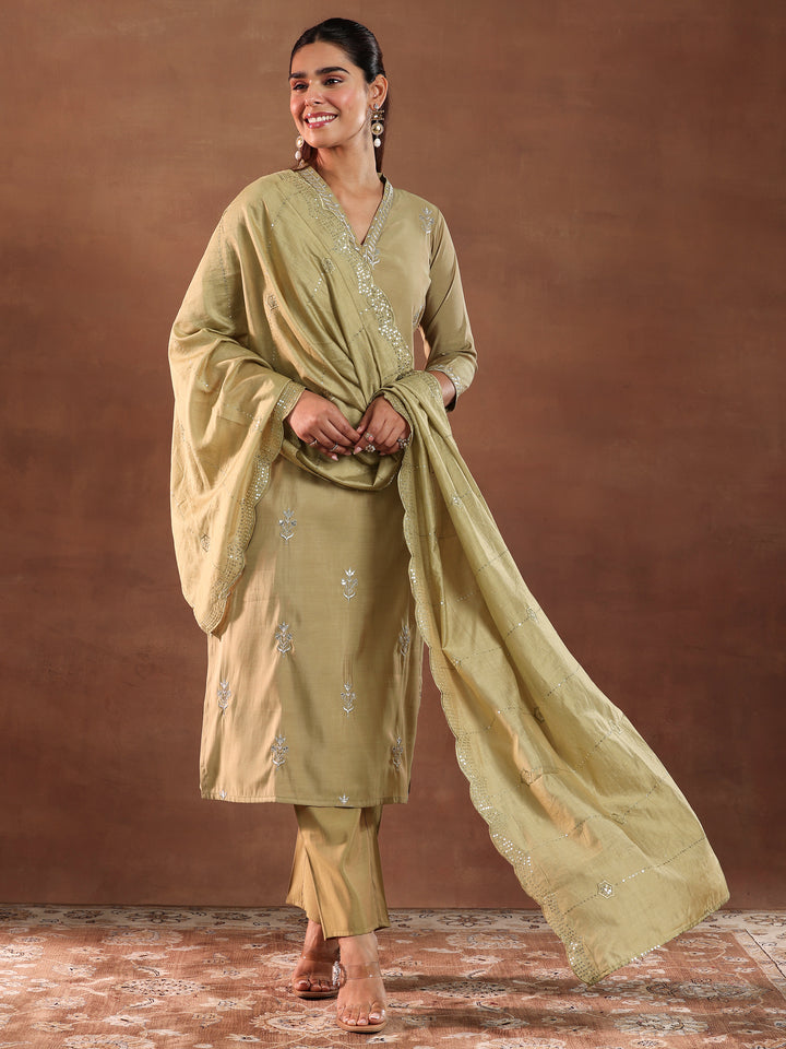 Golden Embroidered Silk Blend Straight Suit With Dupatta