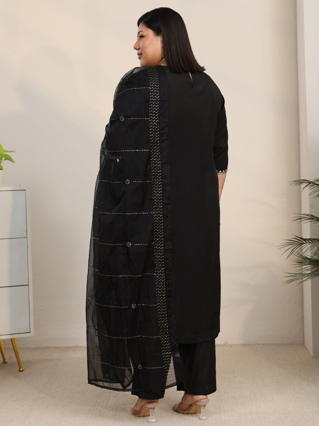 Plus Size Black Embroidered Silk Blend Straight Suit Set With Dupatta