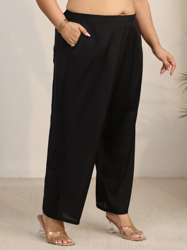 Plus Size Black Embroidered Silk Blend Straight Suit Set With Dupatta