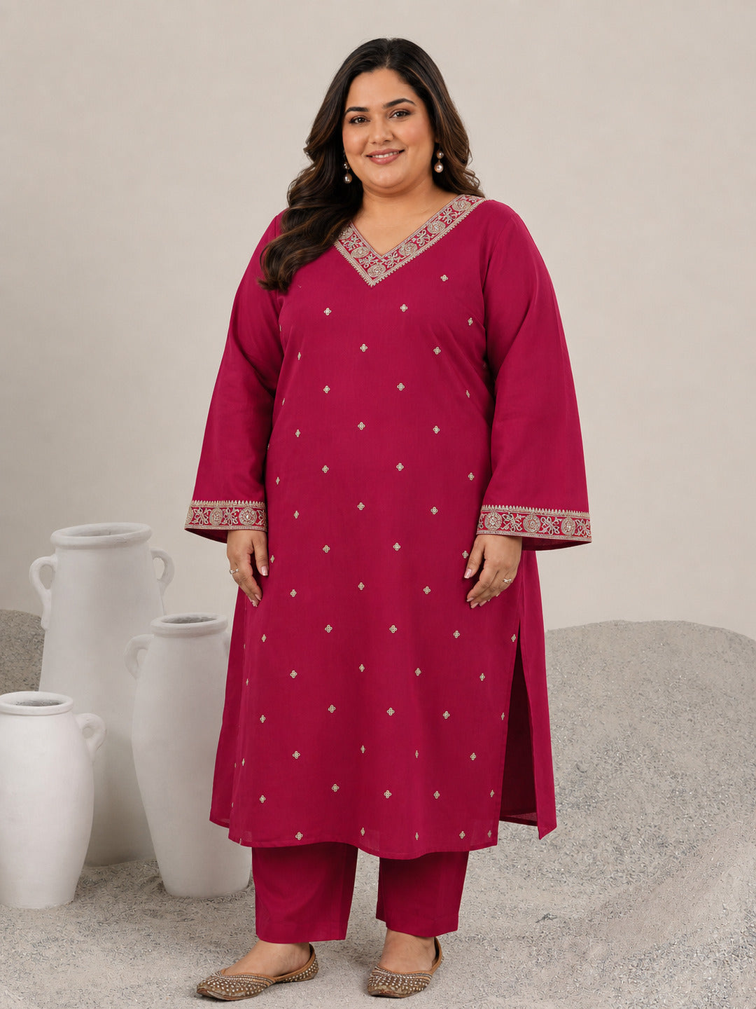 Plus Size Red Embroidered Silk Blend Straight Suit Set With Dupatta