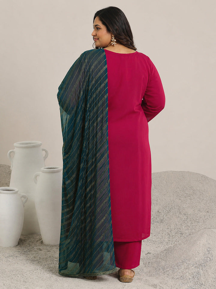Plus Size Red Embroidered Silk Blend Straight Suit Set With Dupatta