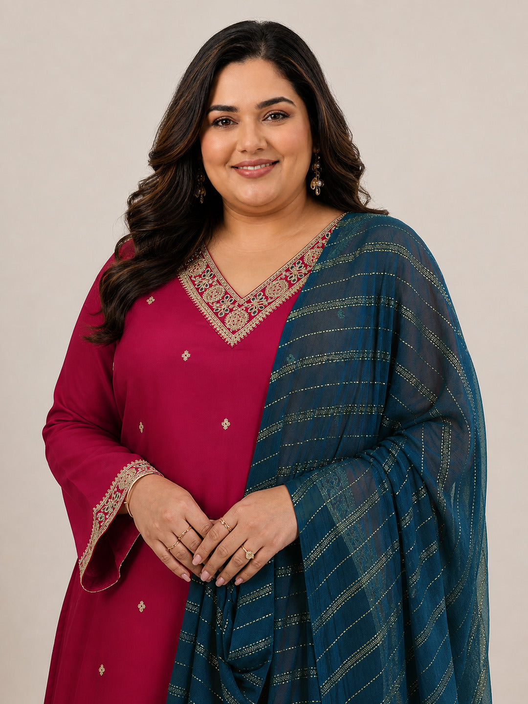Plus Size Red Embroidered Silk Blend Straight Suit Set With Dupatta