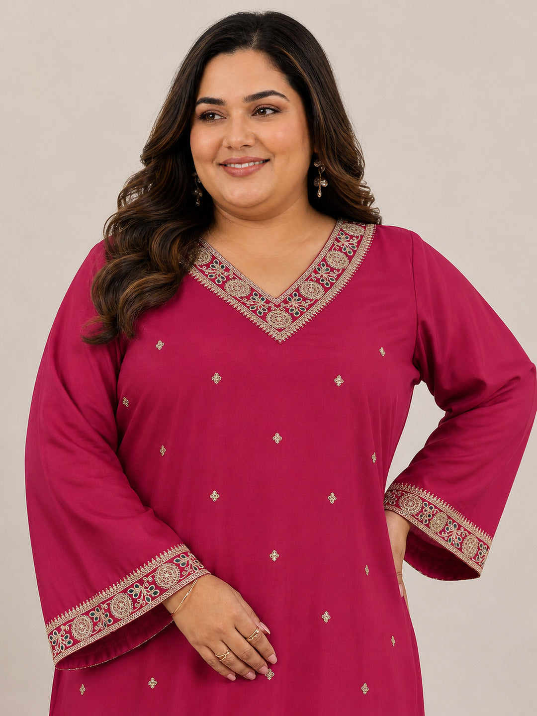 Plus Size Red Embroidered Silk Blend Straight Suit Set With Dupatta