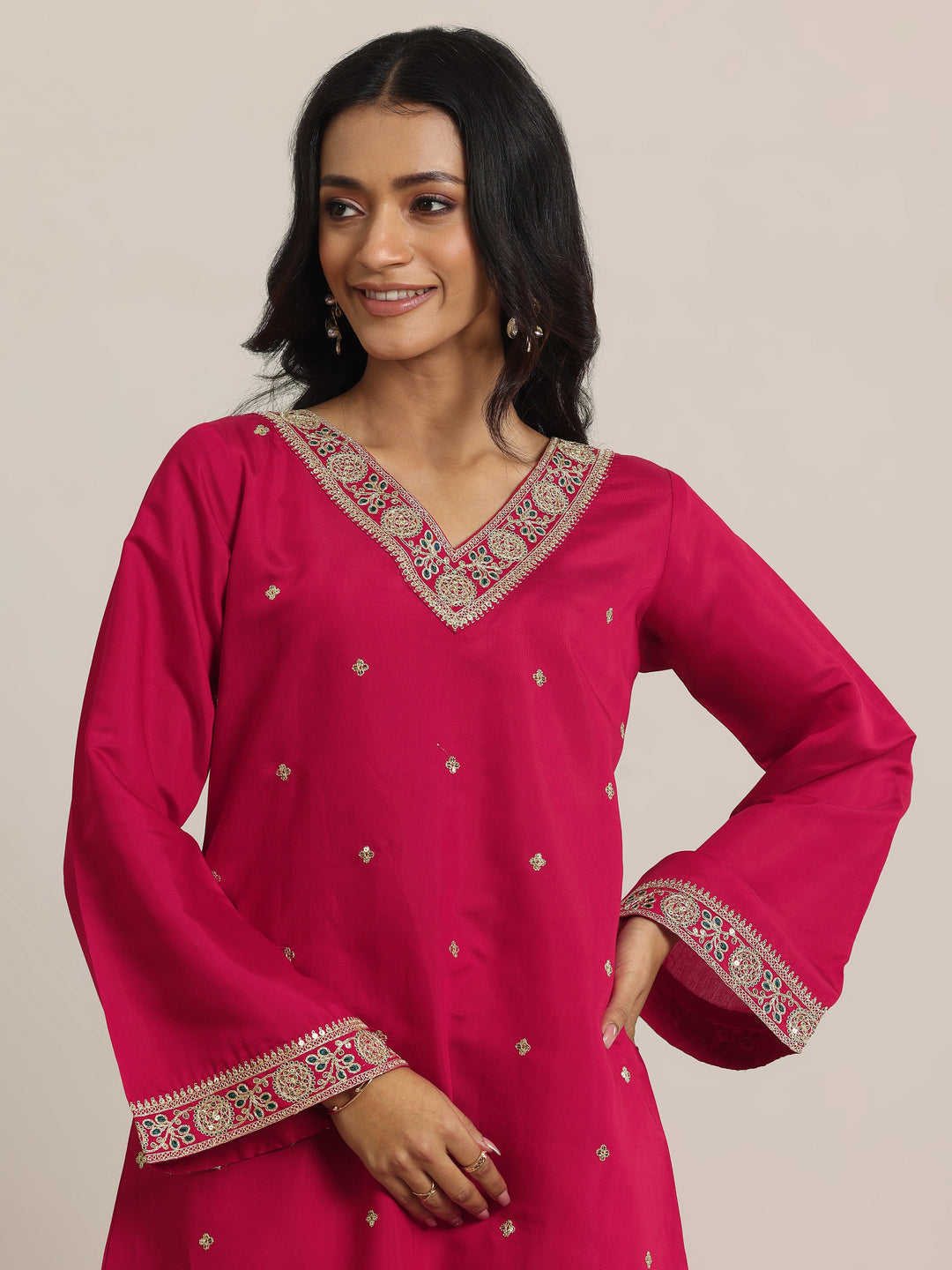 Red Embroidered Silk Blend Straight Suit Set With Dupatta