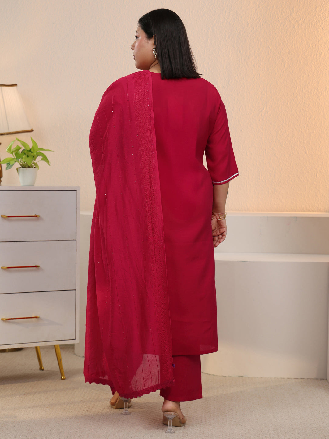 Plus Size Red Embroidered Silk Blend Straight Suit With Dupatta-color issue