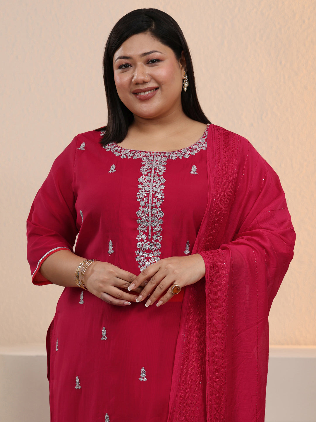 Plus Size Red Embroidered Silk Blend Straight Suit With Dupatta-color issue