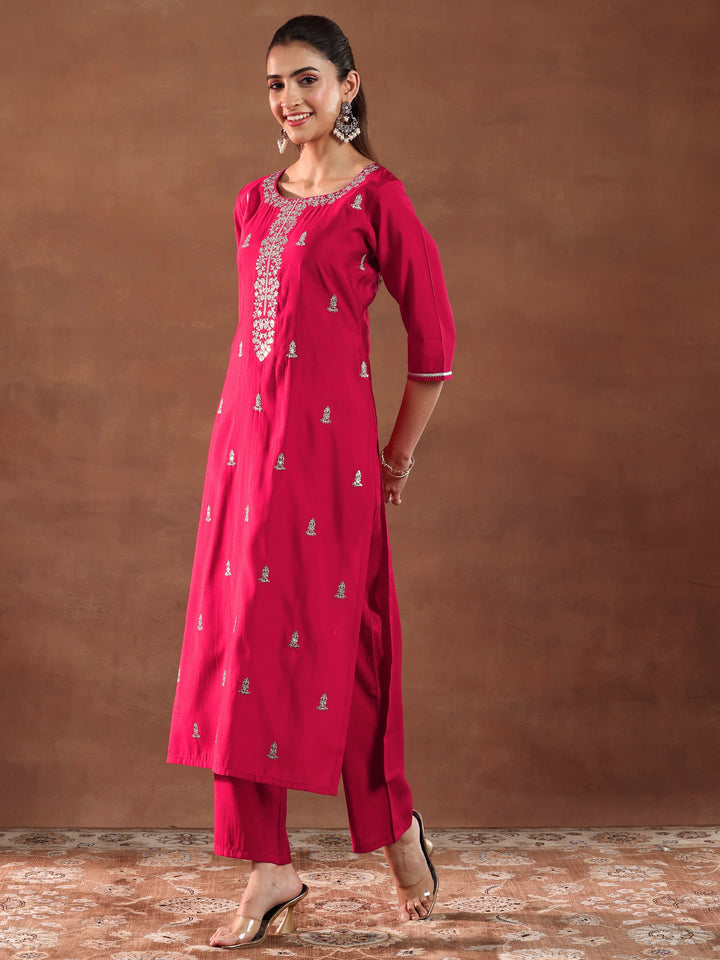 Red Embroidered Silk Blend Straight Suit With Dupatta-color issue