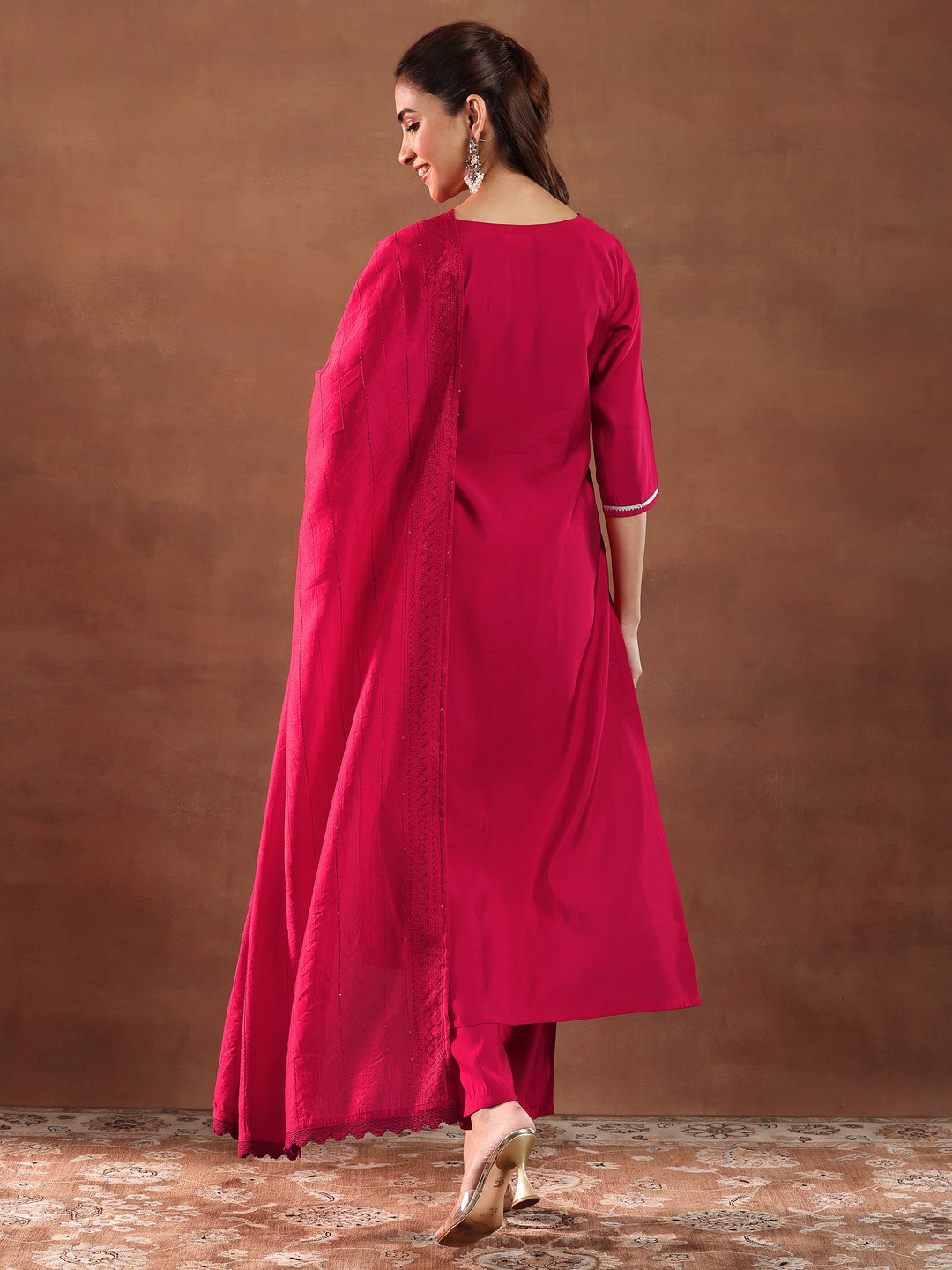 Red Embroidered Silk Blend Straight Suit With Dupatta-color issue