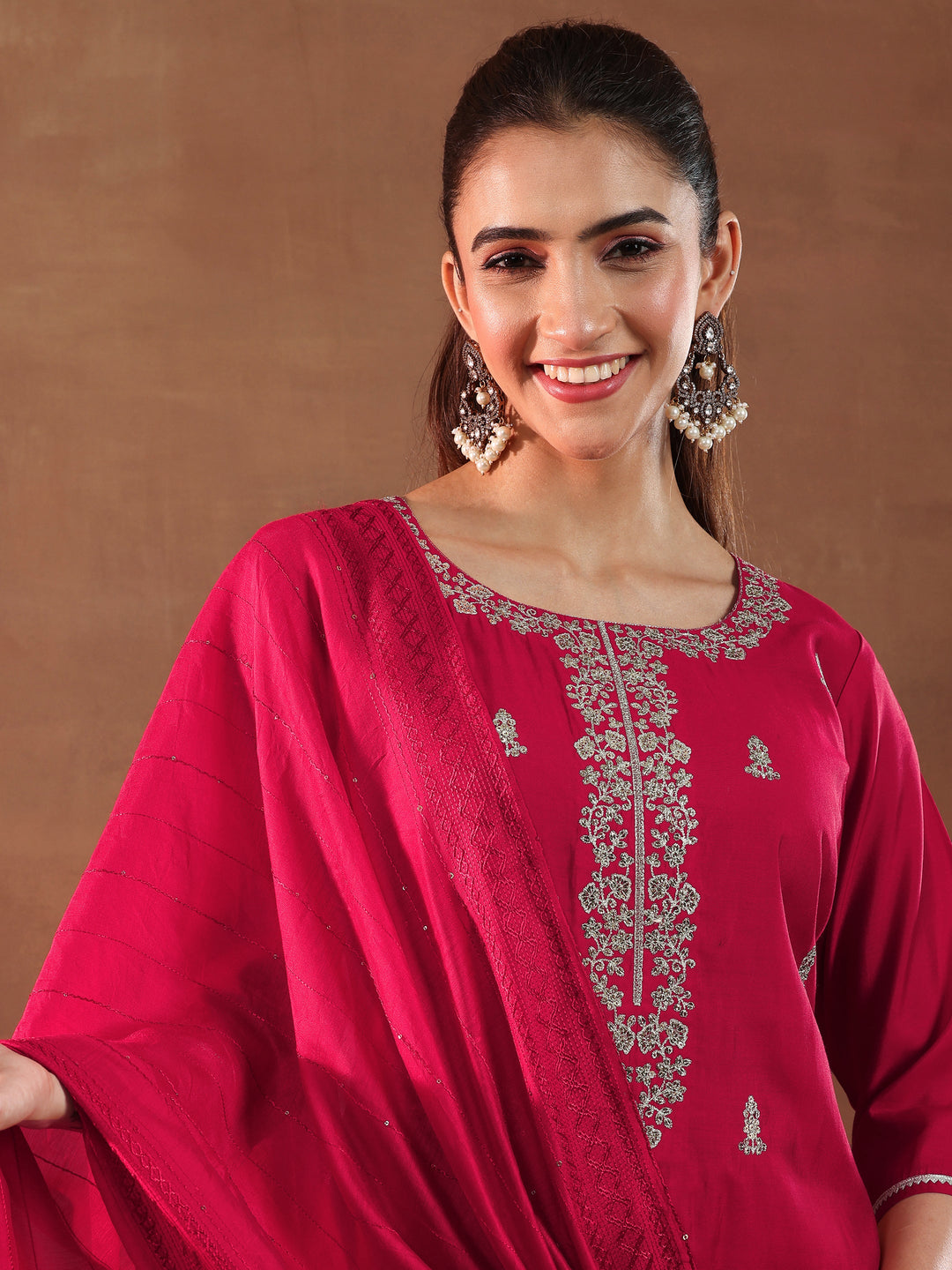 Red Embroidered Silk Blend Straight Suit With Dupatta-color issue
