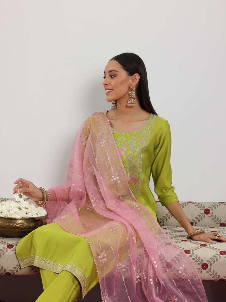 Green Yoke Design Silk Blend Straight Suit With Dupatta