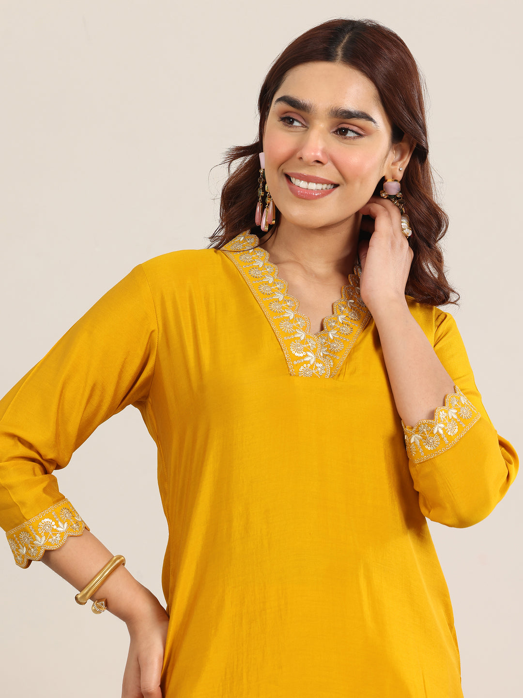 Mustard Yoke Design Silk Blend Straight Suit With Dupatta