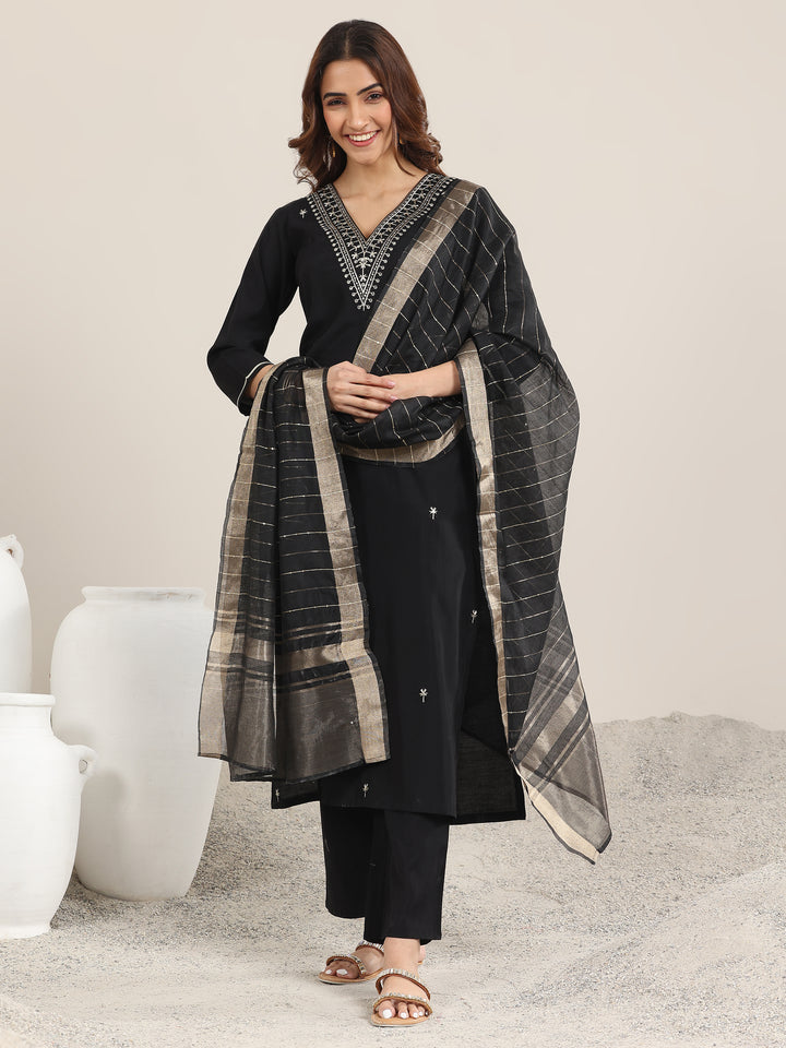 Black Embroidered Silk Blend Straight Suit With Dupatta