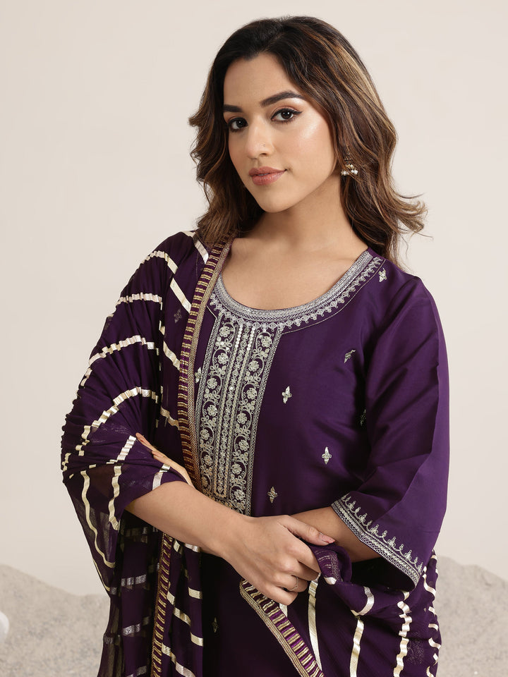 Burgundy Embroidered Silk Blend A-Line Suit Set With Dupatta