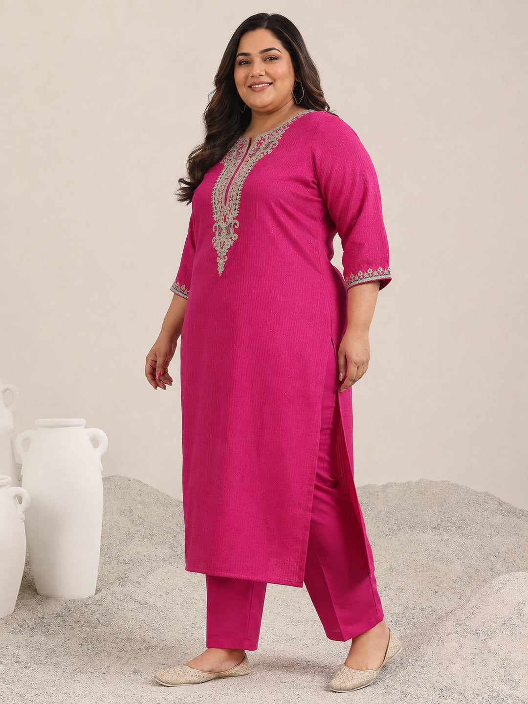 Plus Size Pink Yoke Deisgn Silk Blend Straight Suit With Dupatta