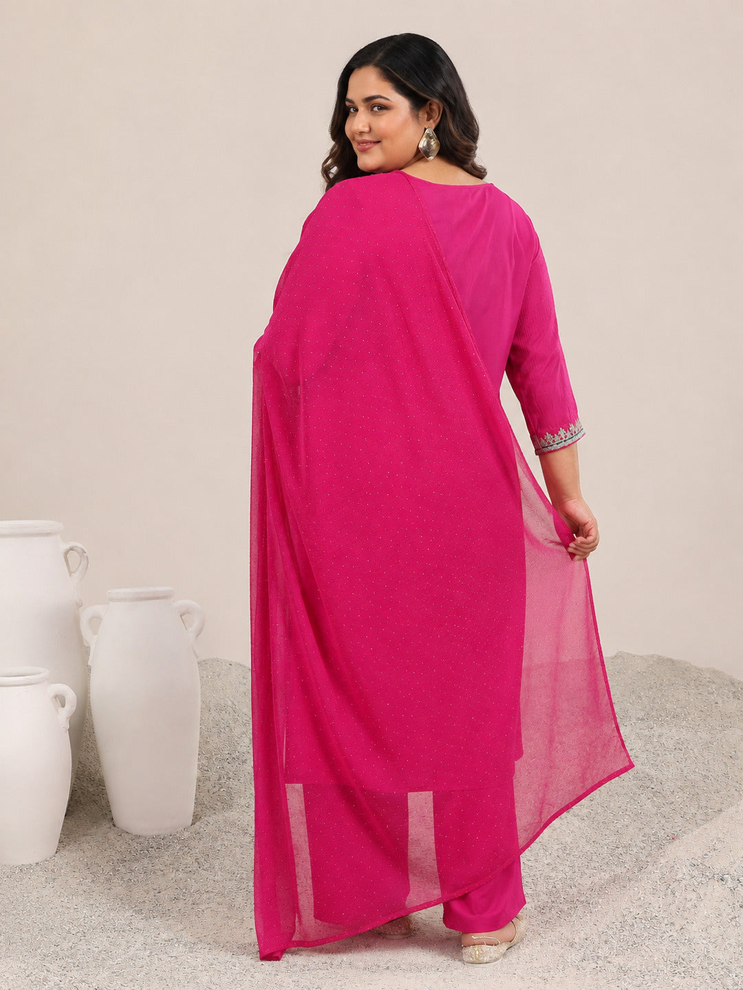 Plus Size Pink Yoke Deisgn Silk Blend Straight Suit With Dupatta
