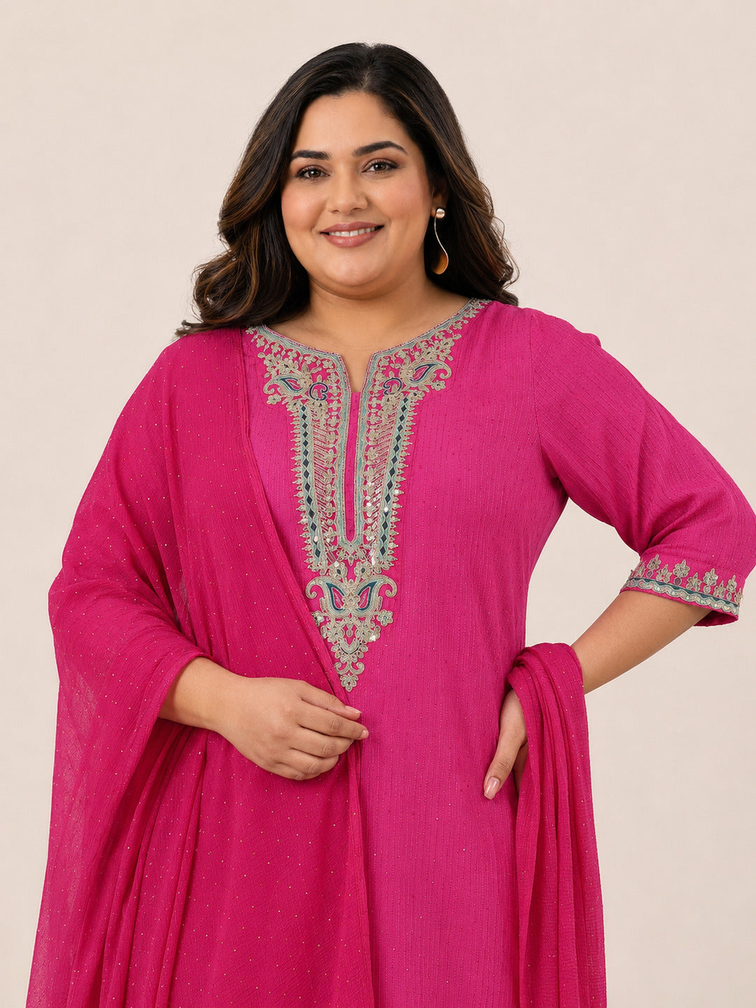 Plus Size Pink Yoke Deisgn Silk Blend Straight Suit With Dupatta