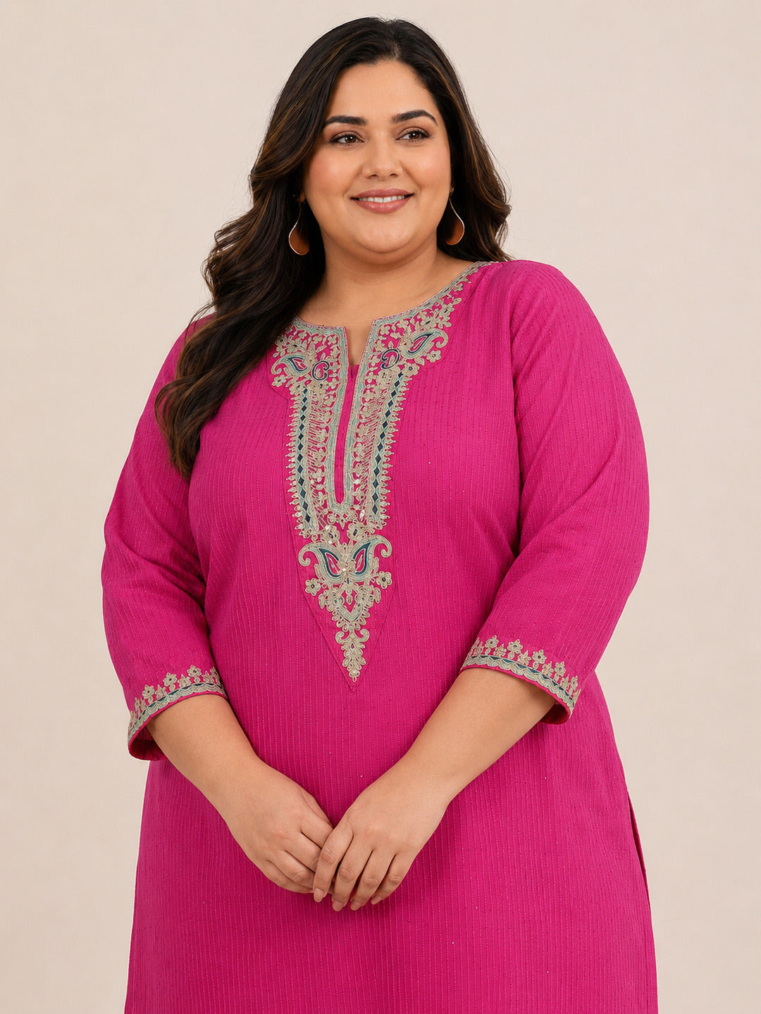 Plus Size Pink Yoke Deisgn Silk Blend Straight Suit With Dupatta