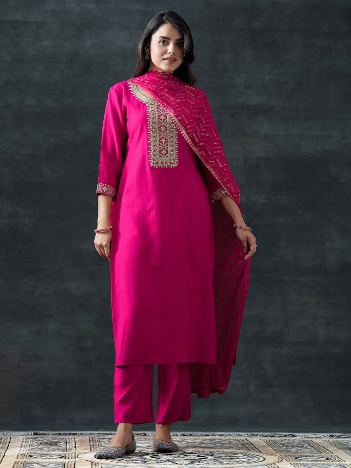 Pink Yoke Design Silk Blend Straight Suit Set With Dupatta