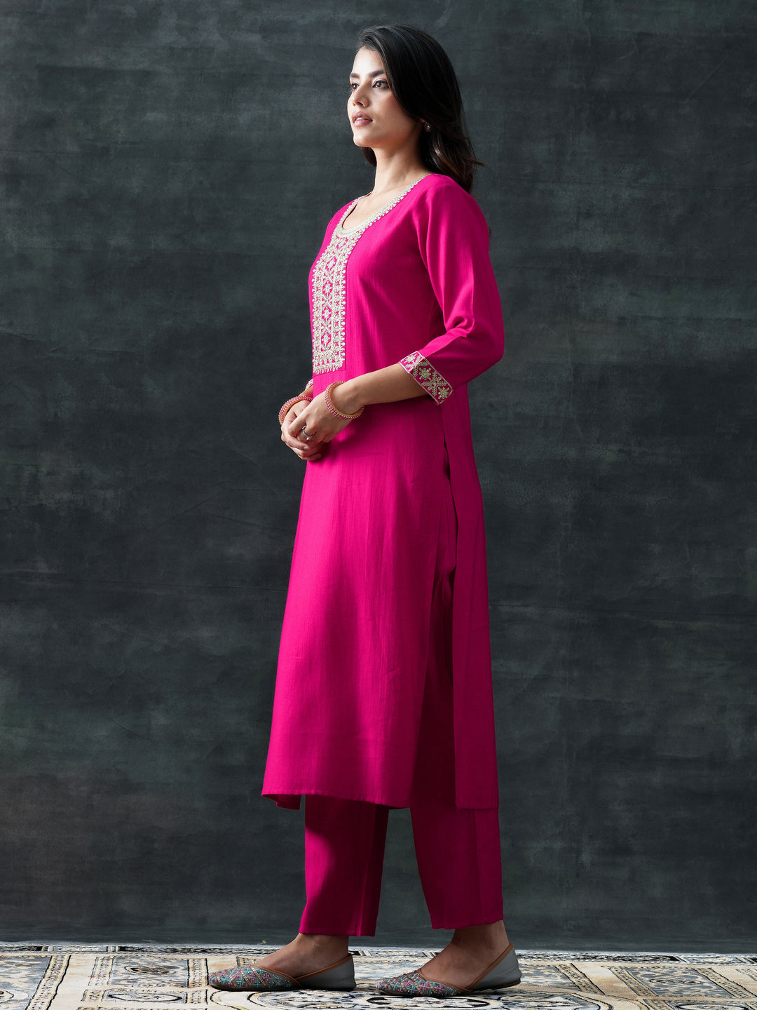 Pink Yoke Design Silk Blend Straight Suit Set With Dupatta
