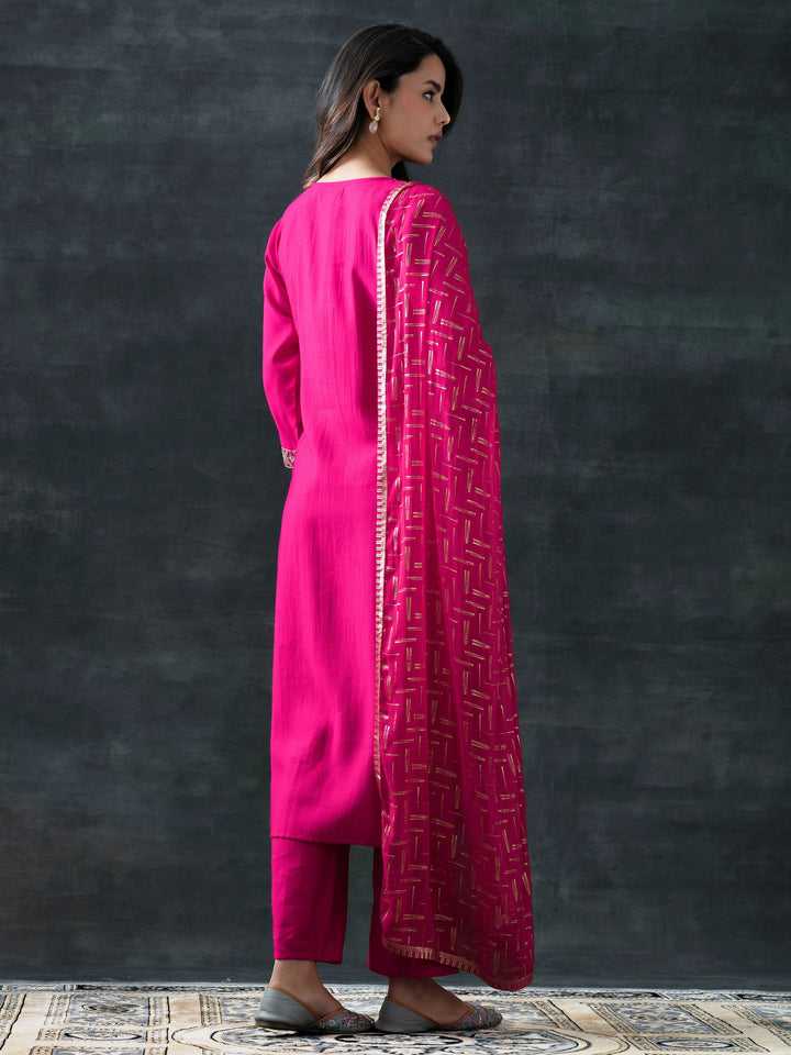 Pink Yoke Design Silk Blend Straight Suit Set With Dupatta