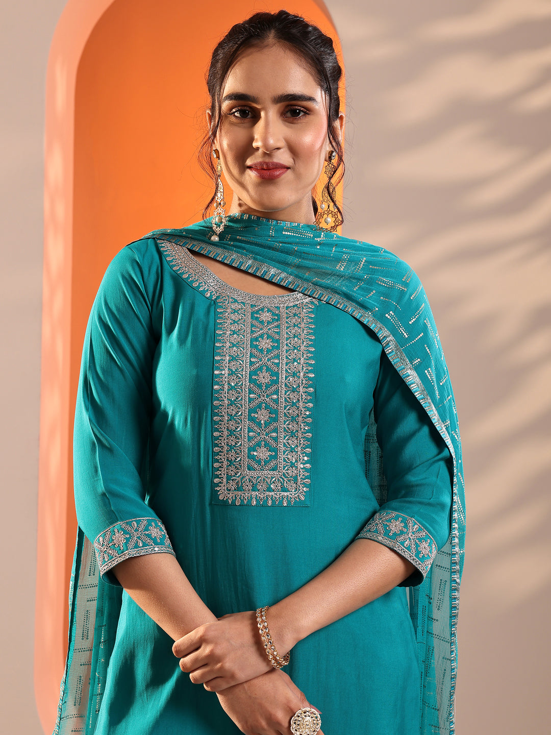 Teal Yoke Design Silk Blend Straight Suit Set With Dupatta