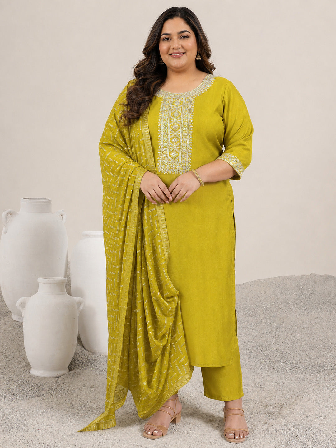 Plus Size Green Yoke Design Silk Blend Straight Suit Set With Dupatta