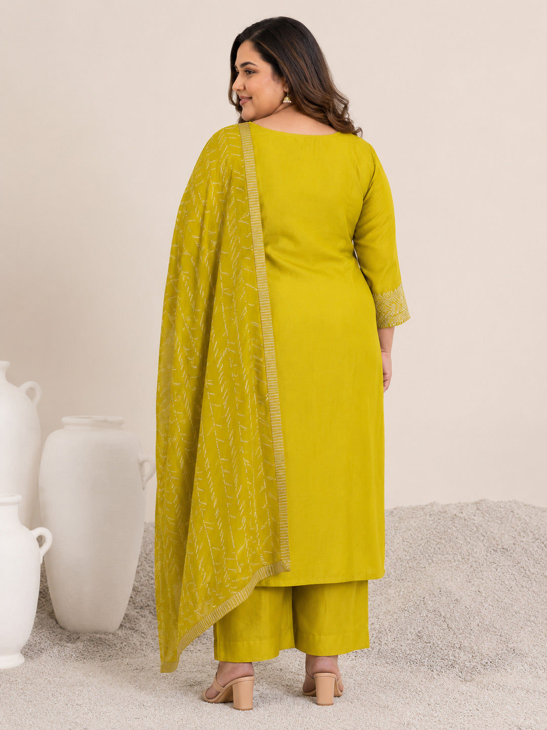 Plus Size Green Yoke Design Silk Blend Straight Suit Set With Dupatta