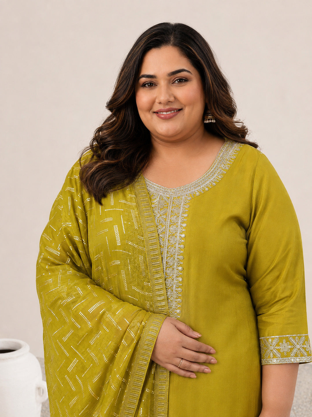 Plus Size Green Yoke Design Silk Blend Straight Suit Set With Dupatta