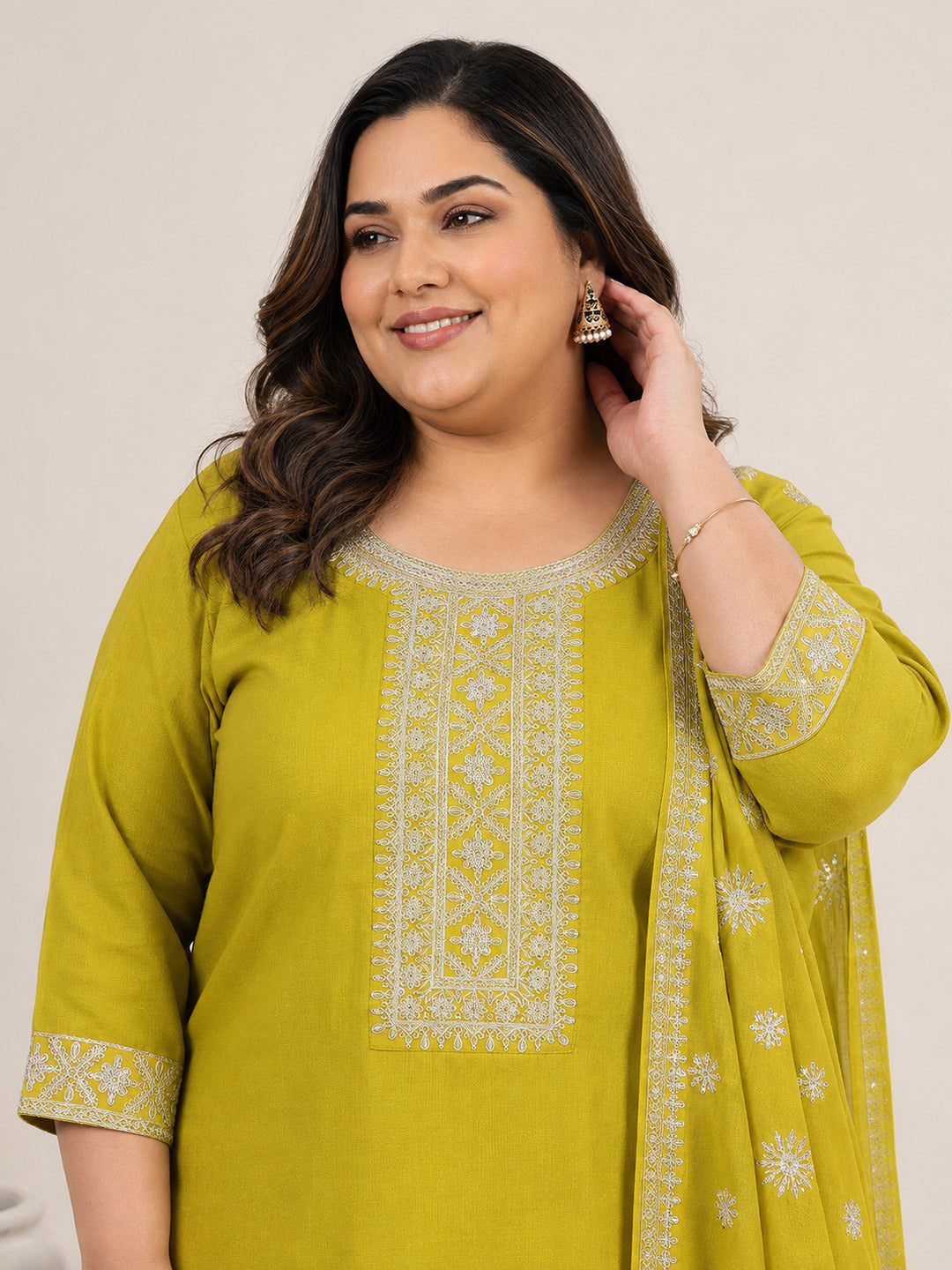 Plus Size Green Yoke Design Silk Blend Straight Suit Set With Dupatta