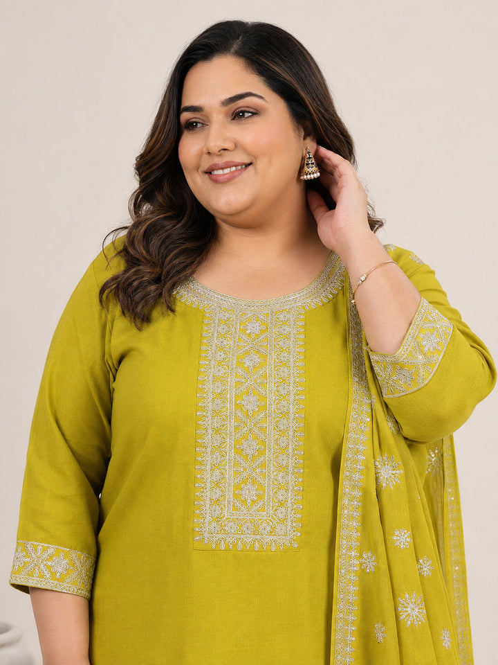 Plus Size Green Yoke Design Silk Blend Straight Suit Set With Dupatta