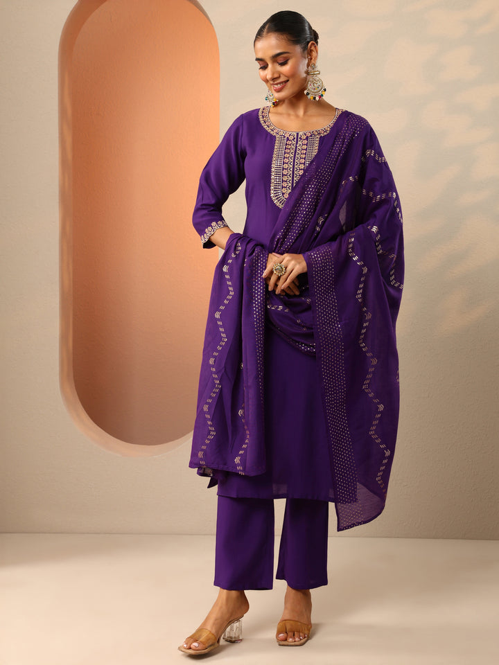 Purple Embroidered Silk Blend Straight Suit Set With Dupatta