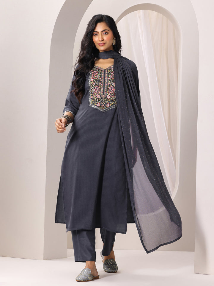 Grey Yoke Design Silk Blend Straight Suit Set With Dupatta