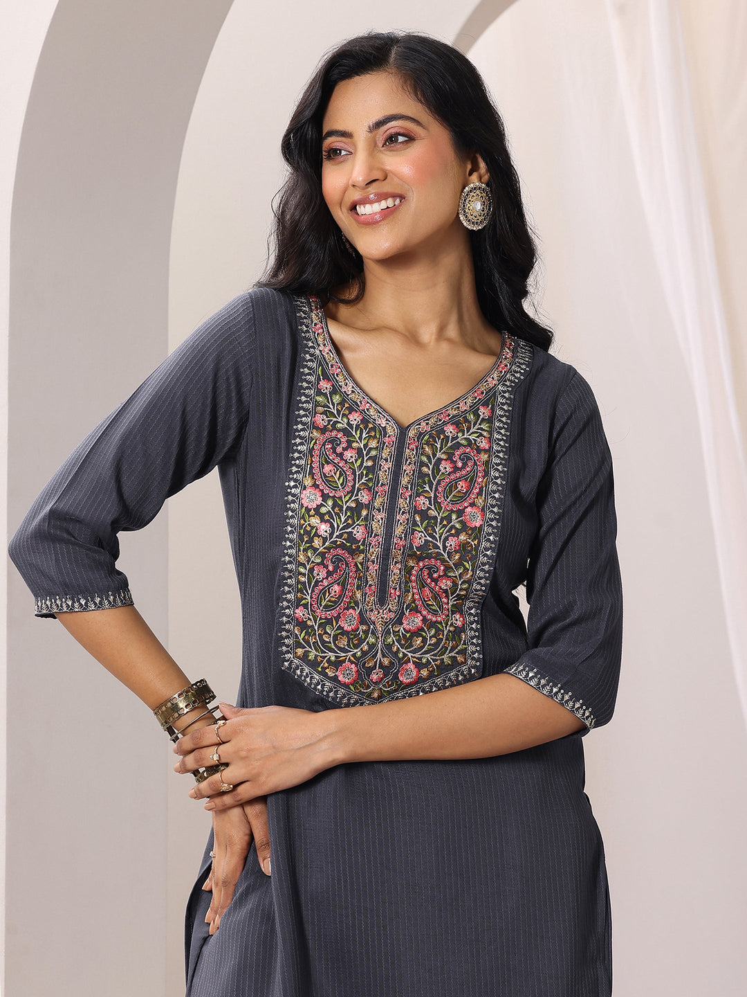 Grey Yoke Design Silk Blend Straight Suit Set With Dupatta