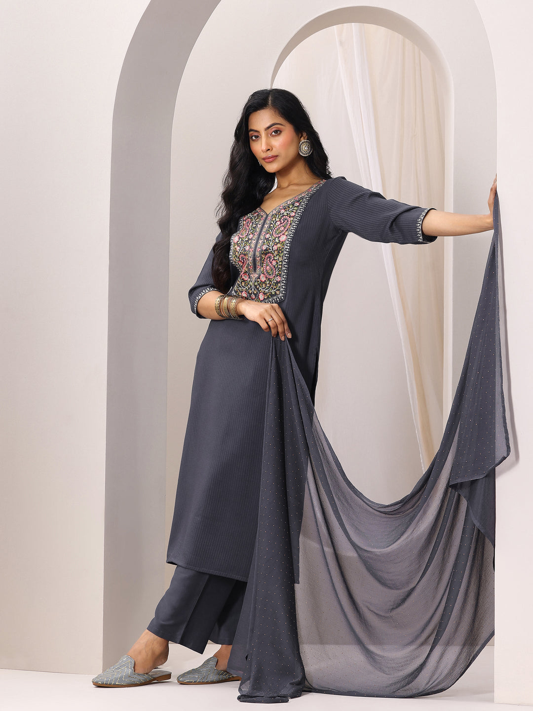 Grey Yoke Design Silk Blend Straight Suit Set With Dupatta