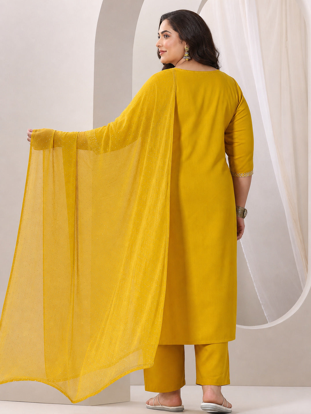 Plus Size Yellow Yoke Design Silk Blend Straight Suit Set With Dupatta