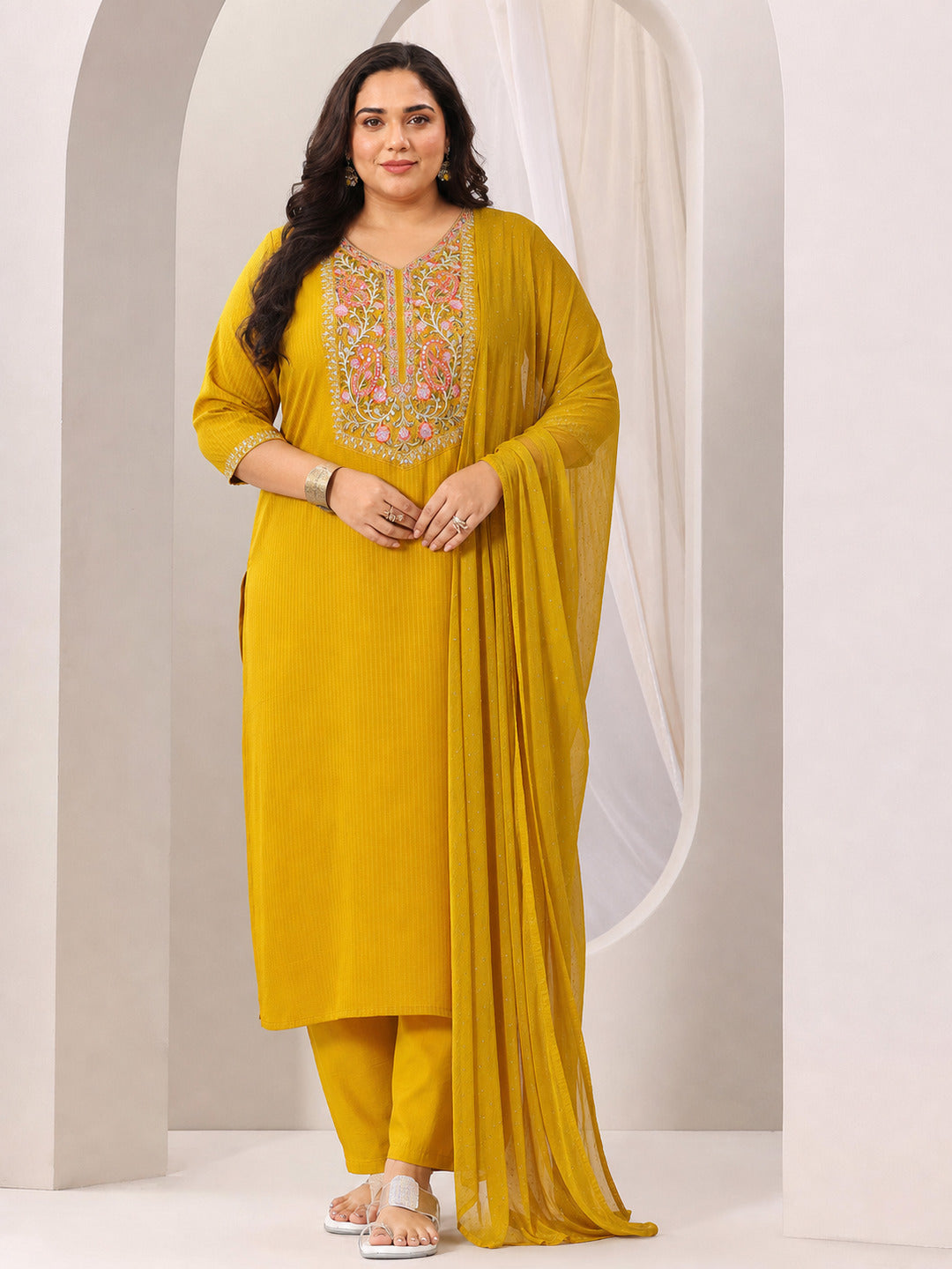 Plus Size Yellow Yoke Design Silk Blend Straight Suit Set With Dupatta